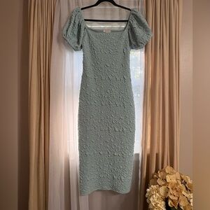 Pinkblush Size Medium Mint Textured Square Neck Puff Sleeve Maternity Midi Dress